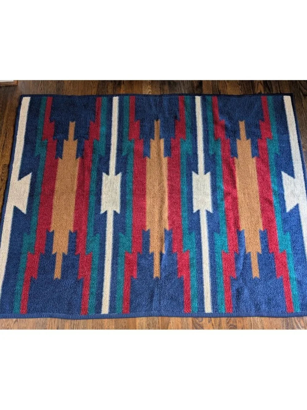 Biederlack Blanket Aztec Southwest Plush Blue Red Green Reversible Vintage